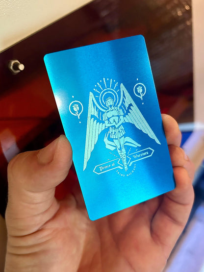 Laser engraved metal St Michael Prince of Warriors keepsake card in blue/silver anodized aluminum