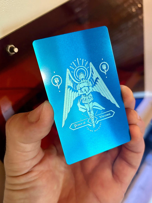 Laser engraved metal St Michael Prince of Warriors keepsake card in blue/silver anodized aluminum