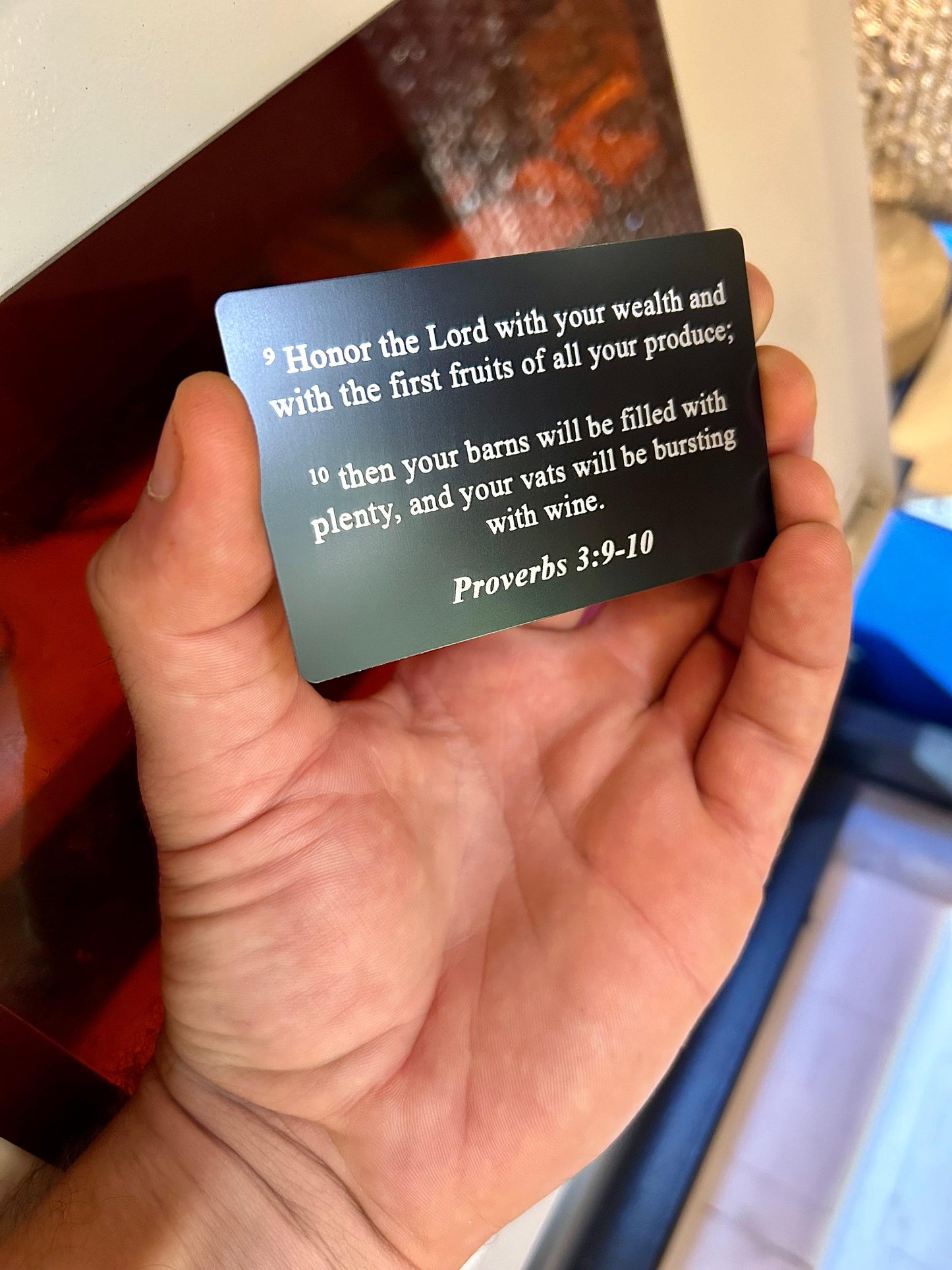 Metal laser engraved Proverbs 3:9-10 laser engraved prayer card in black/silver