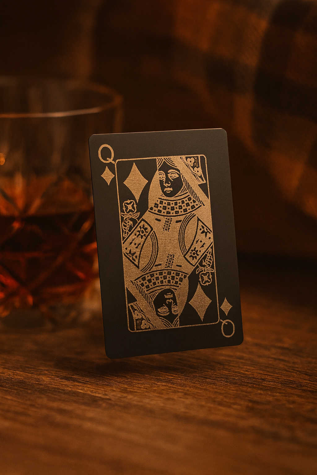 Metal playing card with a queen of diamonds design on a wooden surface with a glass of whiskey in the background.