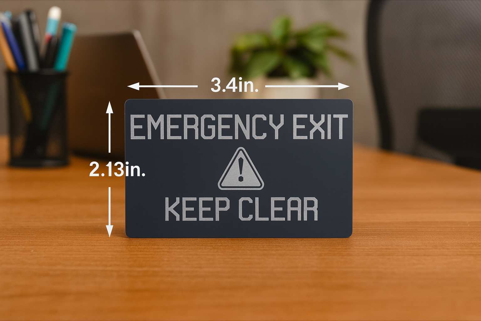 Emergency exit sign with dimensions on a wooden surface