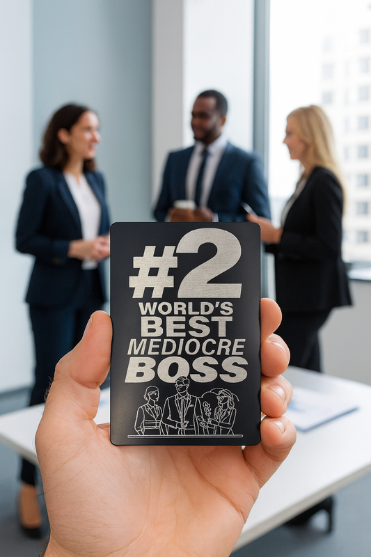 Hand holding a metal gift card with '#2 World's Best Mediocre Boss' text in an office setting.