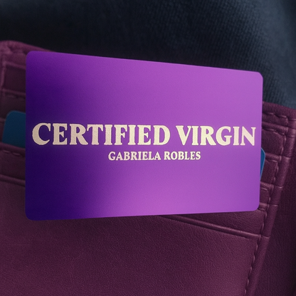 Purple/silver metal novelty wallet insert with 'Certified Virgin' text in front of brown wallet