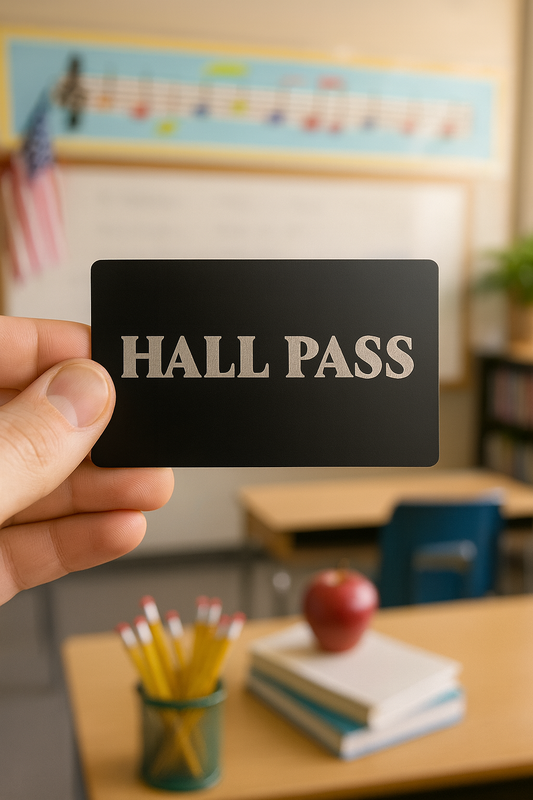 Hand holding a metal 'HALL PASS' card in a classroom setting with desks and an apple.