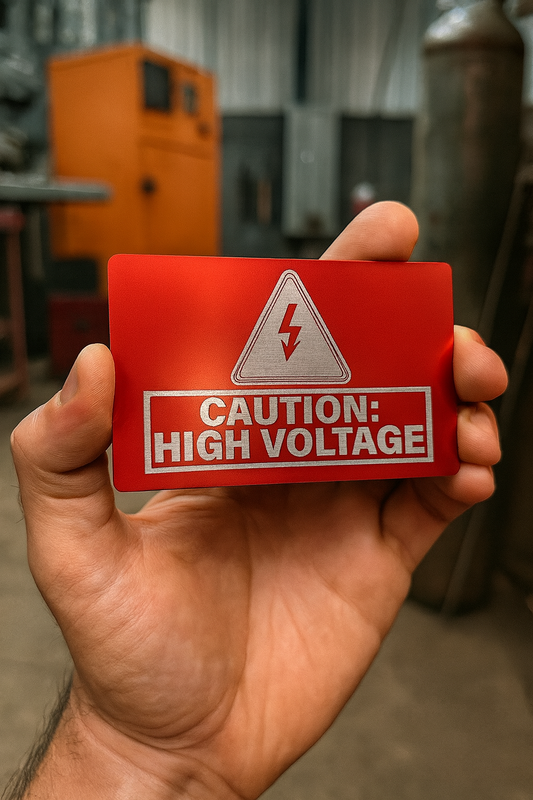 Hand holding a red/silver metal 'Caution: High Voltage' warning sign in an industrial setting