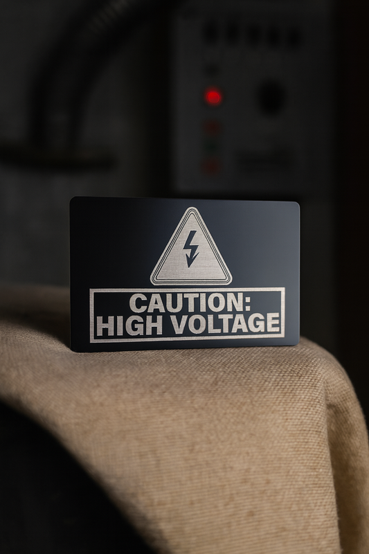 Metal High voltage warning safety signage  on a machine shop dark background