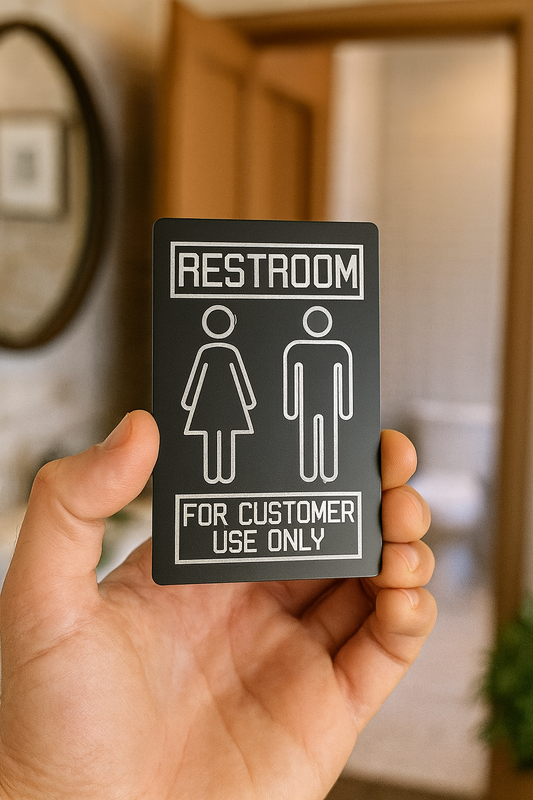 Hand holding a black/silver metal restroom sign with gender symbols and text.