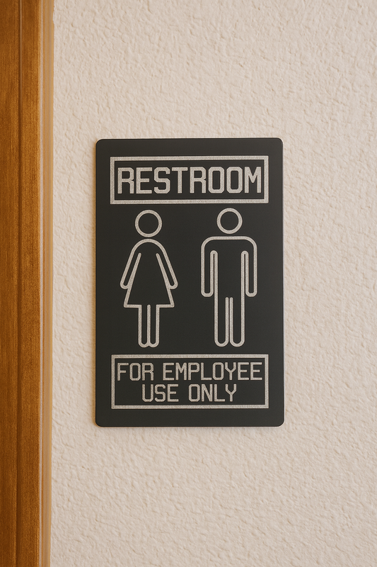 Restroom sign for employee use only on a textured wall.