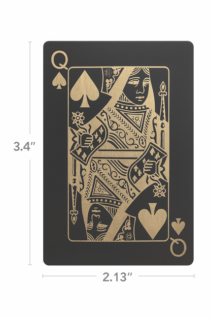 Metal poker card with silver queen of spades design on a white background, featuring measurements on the sides.