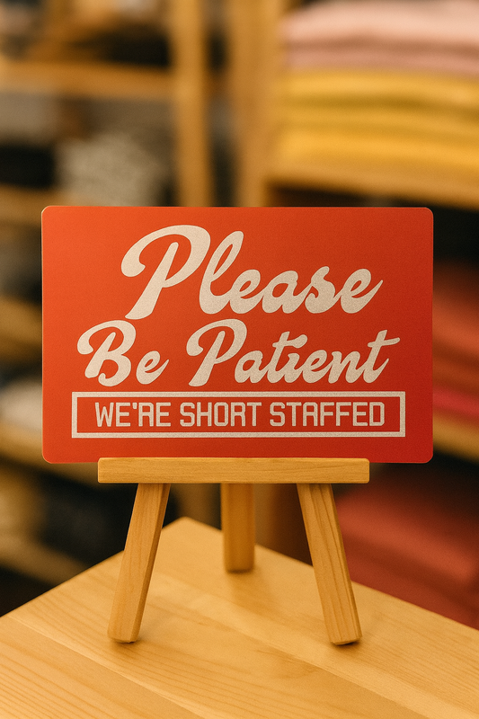 Red sign on a stand with 'Please Be Patient, We're Short Staffed' text in a blurred indoor setting.