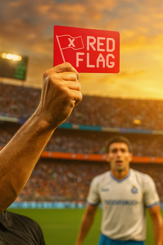 Hand holding a red and silver metal card with 'RED FLAG' text over a blurred soccer stadium background