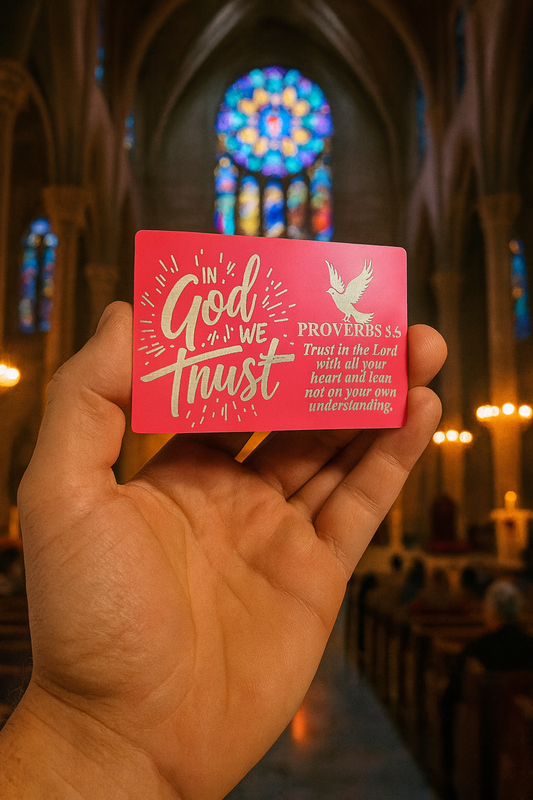 Hand holding a rose gold and silver card with 'In God We Trust' and proverbs 3 bible verse text in front of a stained glass window.