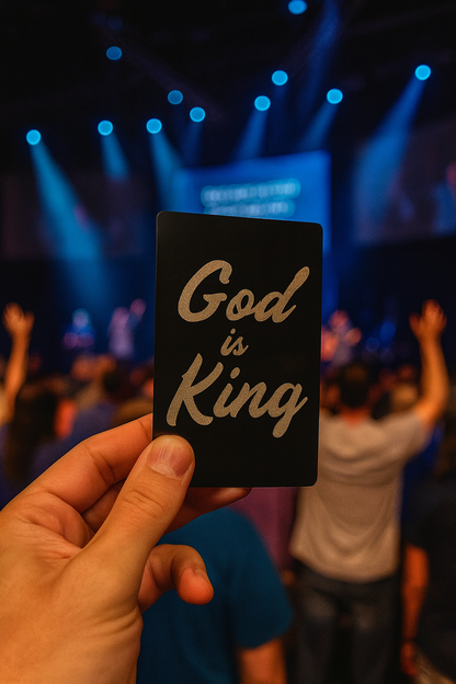 Hand holding a card with 'God is King' text in front of a blurred background of people with raised hands at a religious event.