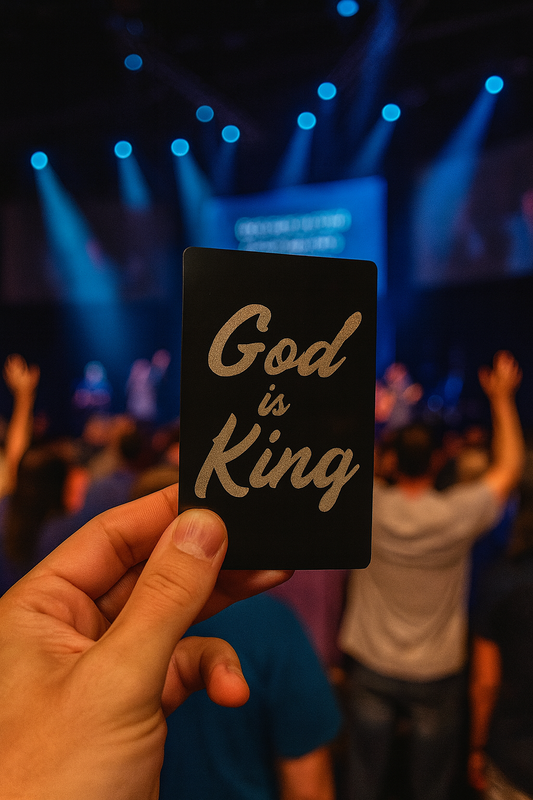 Hand holding a card with 'God is King' text in front of a blurred background of people with raised hands at a religious event.