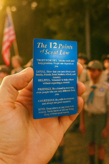 Hand holding a blue card with 'The 12 Points of Scout Law' text, with people and an American flag in the background.