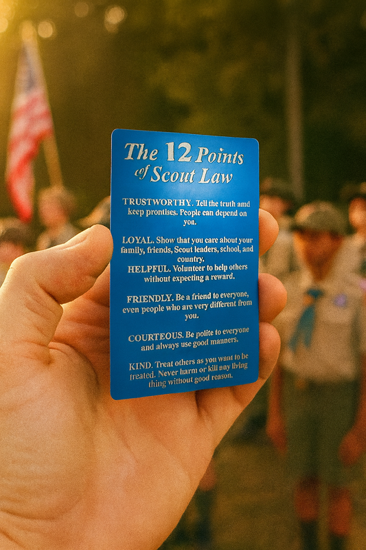 Hand holding a blue card with 'The 12 Points of Scout Law' text, with people and an American flag in the background.