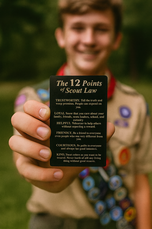 Scout holding a metal placard with 'The 12 Points of Scout Law' in front of a blurred background