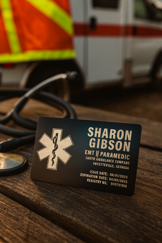 Metal Business card for Sharon Gibson, EMT II Paramedic, on a wooden surface with an ambulance in the background.