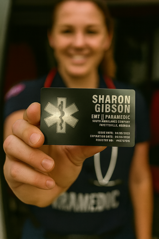 Person holding a metal business card with customized text and 'EMT Paramedic' identification information engraved