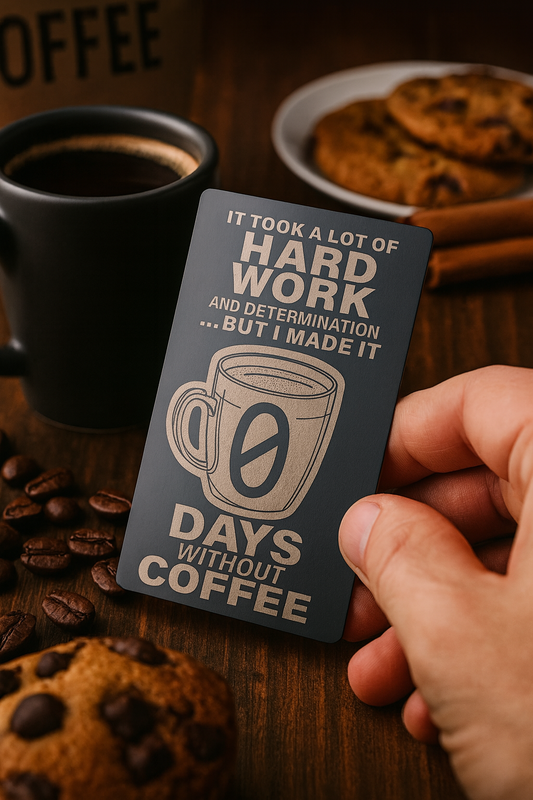 Hand holding a metal gift card with coffee-themed text on a wooden surface with coffee beans and cookies.