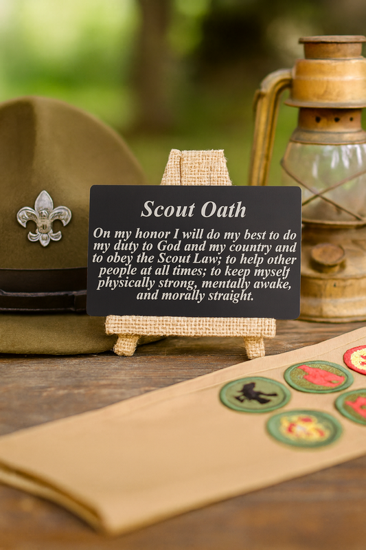 Scout Oath card with a hat, lantern, and badges on a wooden surface.
