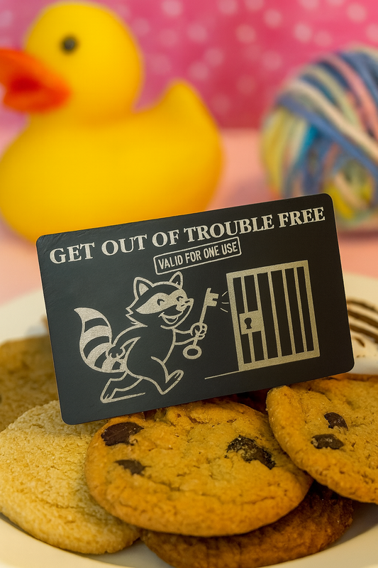 Cookie with a metal gift card labeled 'Get out of Trouble Free' on top, surrounded by cookies and a rubber duck in the background.