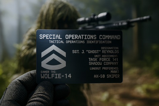 Person holding a metal gaming guild tactical identification card with 'Custom Text' presented in a forest setting.