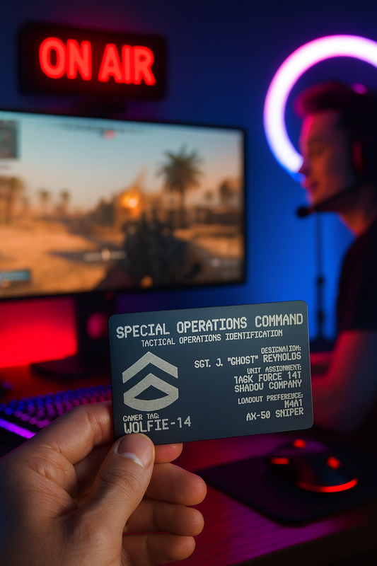 Person holding a metal gamer gift card with custom text: Special Operations Command identification card in front of a screen with 'On Air' sign and ring light.