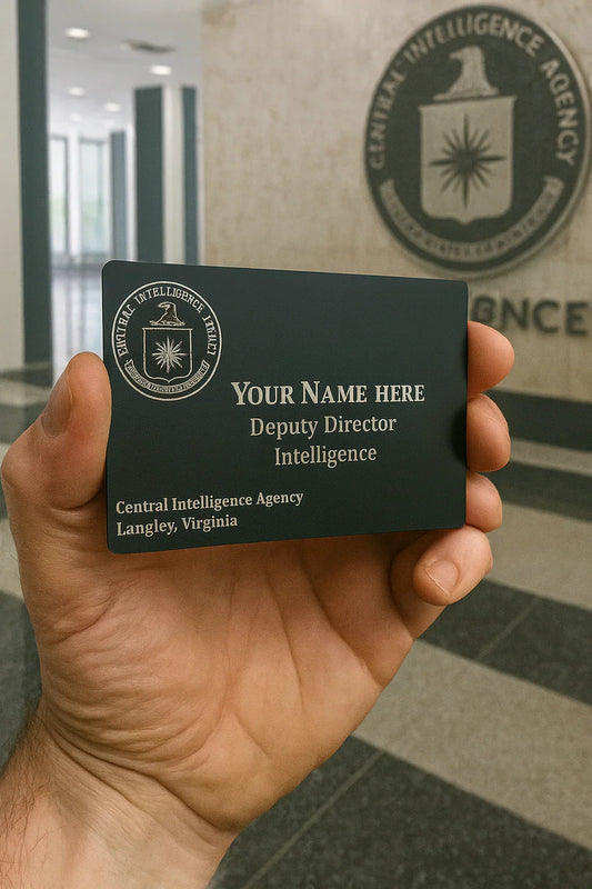 Hand holding a black secret agent card with a logo in front of a building.