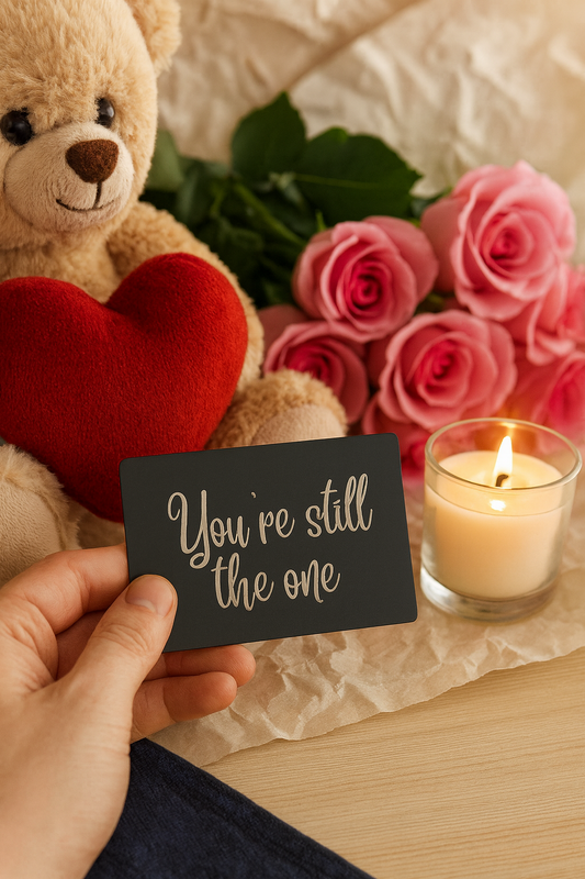 Metal "You're Still The One" laser engraved thoughtful gift card in front of a Teddy bear with a heart, bouquet of pink roses, and lit candle on a wooden surface.