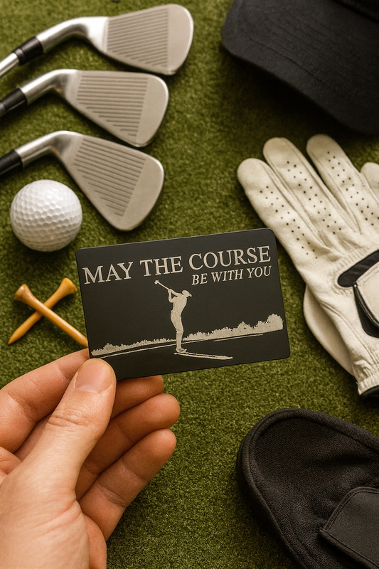 Golf clubs, golf ball, gloves, and a laser engraved novelty plaque with 'May the course be with you' text on a grassy background.
