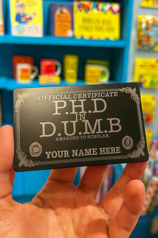 Hand holding a novelty certificate with 'P.H.D. in D.U.M.B.' text against a colorful background.