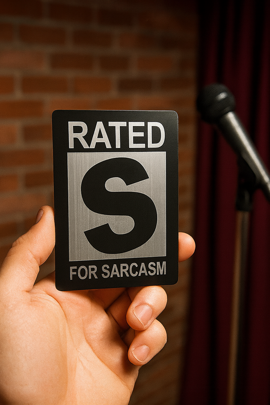 Hand holding a card with 'Rated S for Sarcasm' text against a brick wall and microphone background