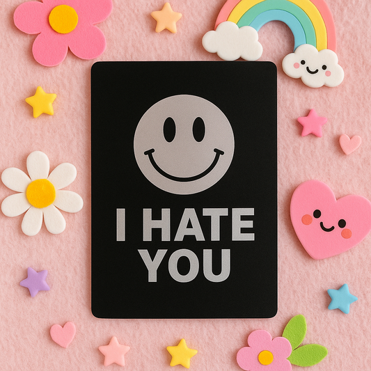 Metal Novelty Gag Gift Card with smiley face and 'I HATE YOU' text on a pink background with decorative elements.