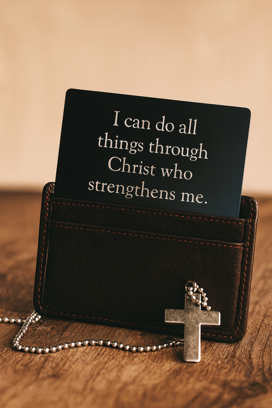 Black metal business card with inspirational quote "I can do all things through Christ who strengthens me" in a brown leather wallet with a cross necklace on a wooden surface