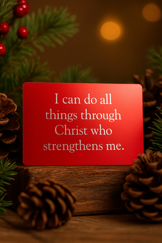 Red card with motivational quote surrounded by Christmas decorations on a wooden surface.