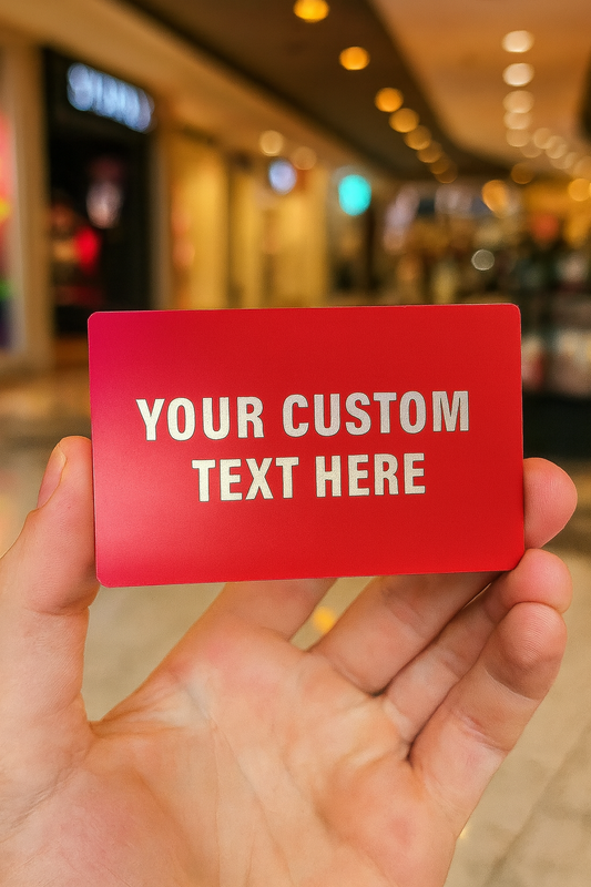 Red/silver metal card with 'Your Custom Text Here' example text held by a hand in a blurred indoor setting