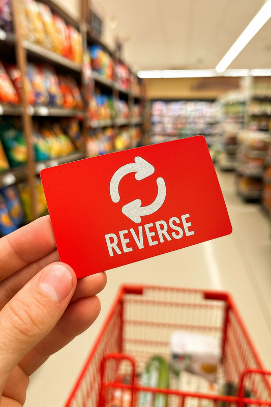 Red/silver metal card with 'REVERSE' logo held in a grocery store aisle