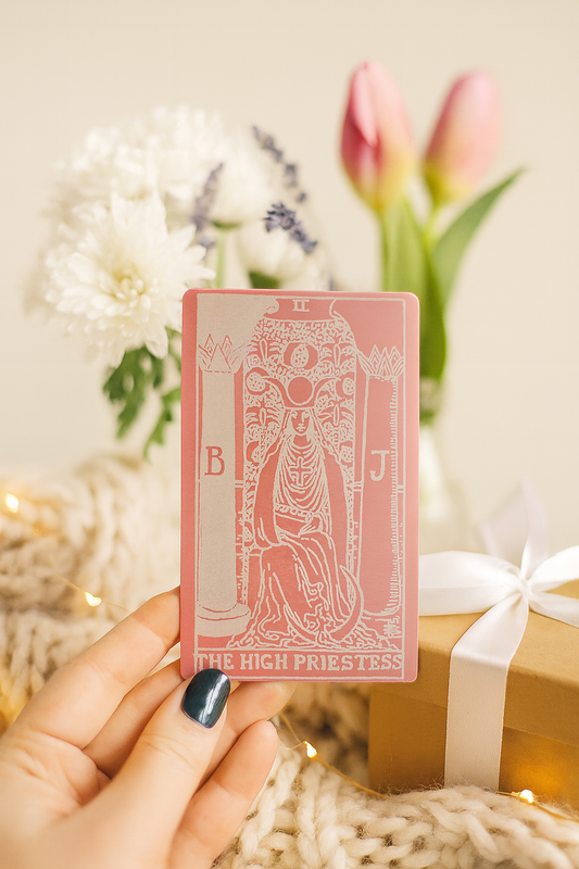 Rose gold metal tarot card held by a hand with flowers and gift in the background