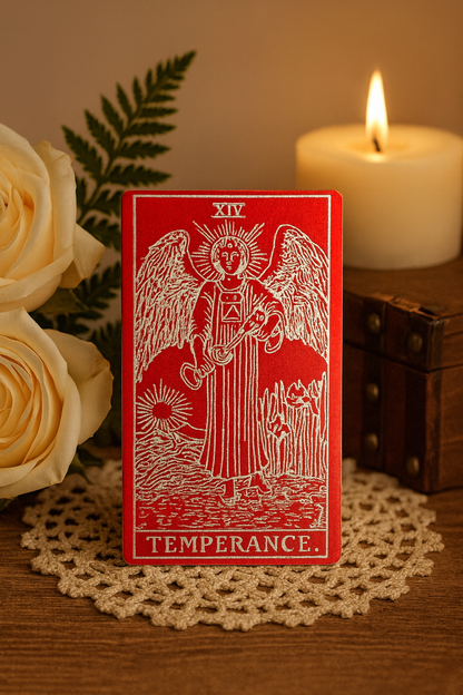 Metal red/silver temperance tarot card in beautiful setting