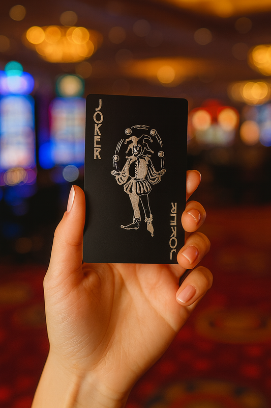 Hand holding a black card with 'Joker' design against a blurred casino background