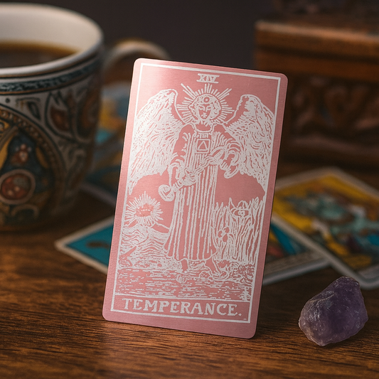 Metal rose gold/silver temperance laser engraved gift card on a coffee table with crystal and tea and magic case