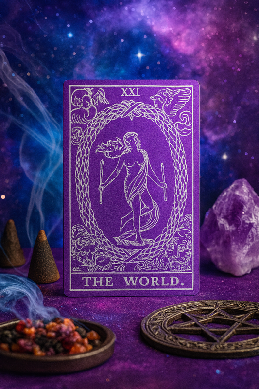 Metal purple/silver keepsake Tarot card titled 'The World' with mystical elements like smoke, crystals, and a pentacle on a purple background.