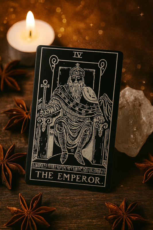 Metal keepsake Tarot card titled 'The Emperor' with a candle and star anise in the background