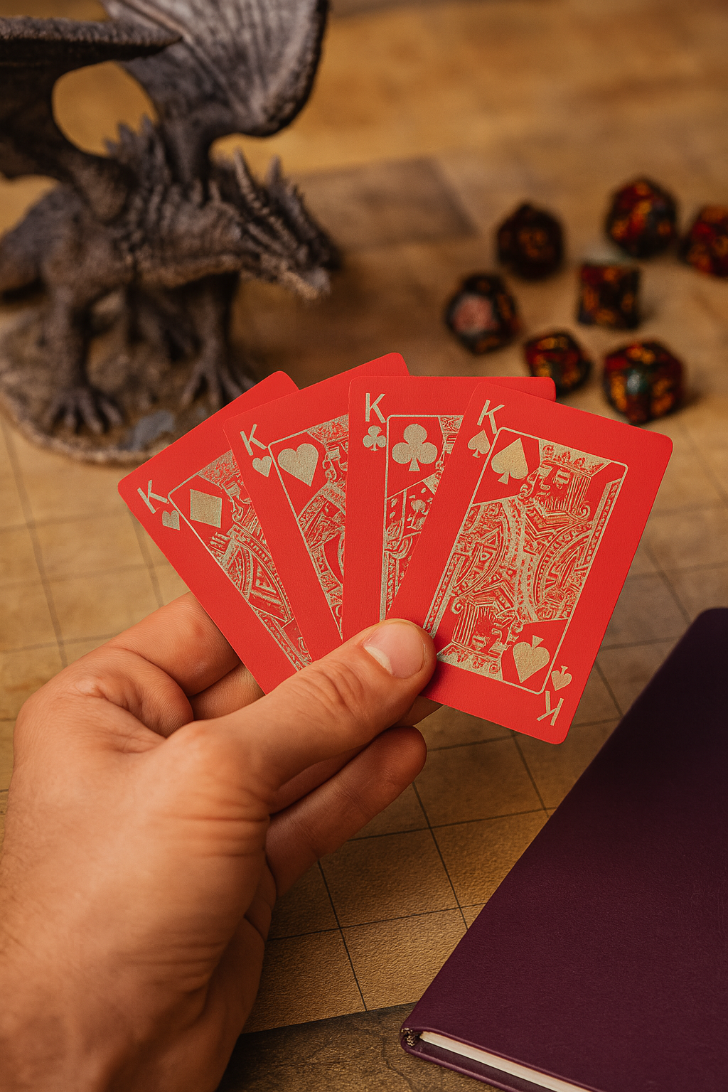 Hand holding four metal king playing cards, one of each suit, in a game night gaming setting