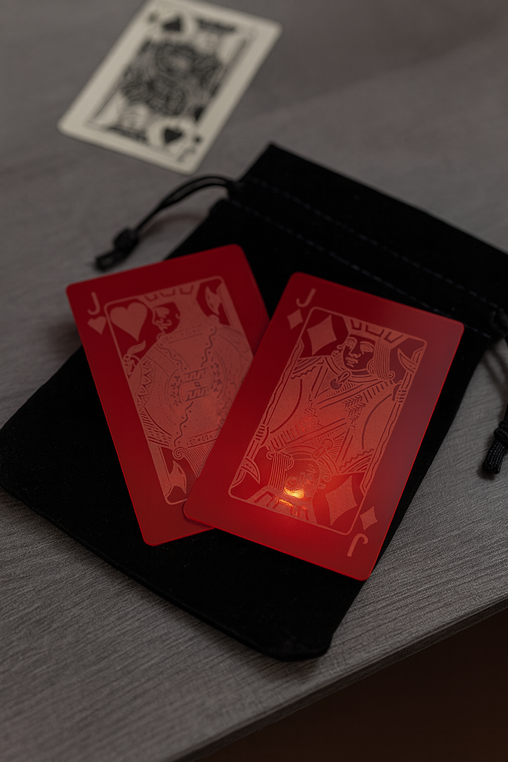 Two red/silver Jack of Hearts & Jack of Diamonds playing cards on a black drawstring bag with additional cards in the background.