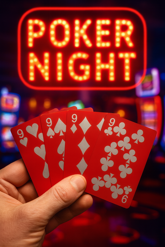 Hand holding red and silver laser engraved playing cards with a neon sign in the background illuminating the 9 of hearts, 9 of spades, nine of diamonds and nine of clubs