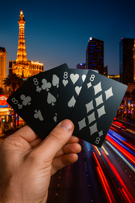Hand holding four metal playing cards with 8 of clubs, 8 of spades, 8 of hearts and 8 of diamonds laser engraved in front of a cityscape background at night