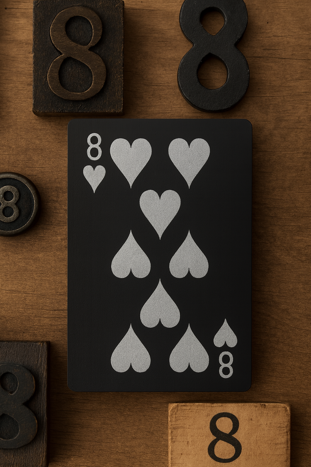 Metal 8 of hearts laser engraved poker card on a wooden background product display