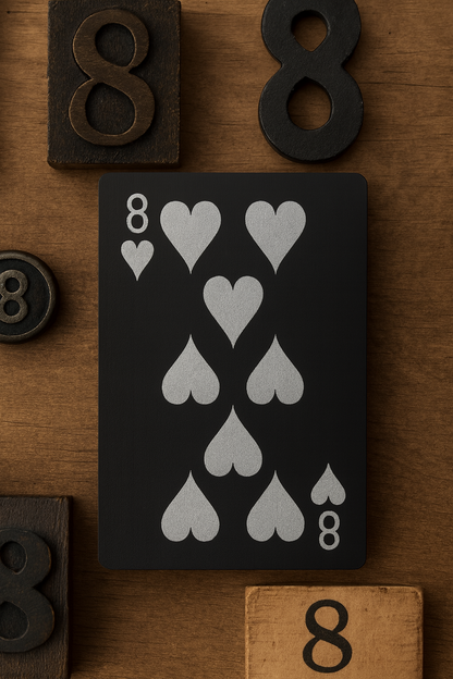 Metal 8 of hearts laser engraved poker card on a wooden background product display